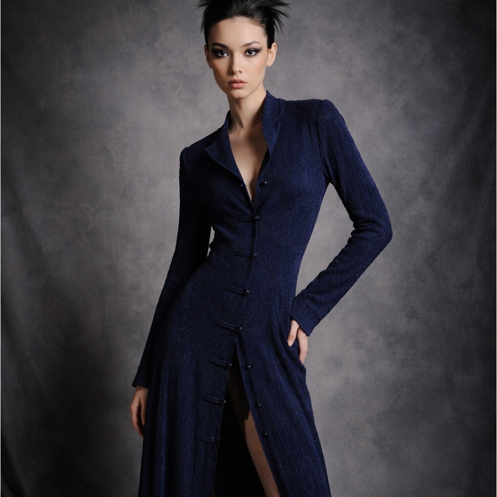 NWT Masaki Matsuka Structural Pleated Midi Coat Dress Navy Avant-Garde Japanese